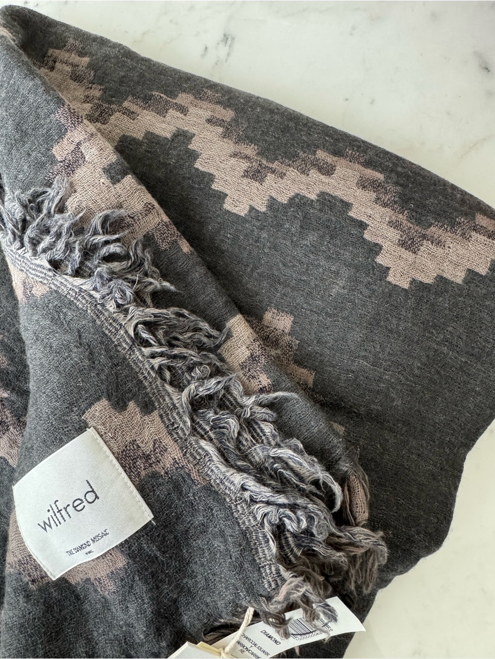 Wilfred Diamond Pence Square Wool Scarf – Brown Grey Zig Zag Print NWT